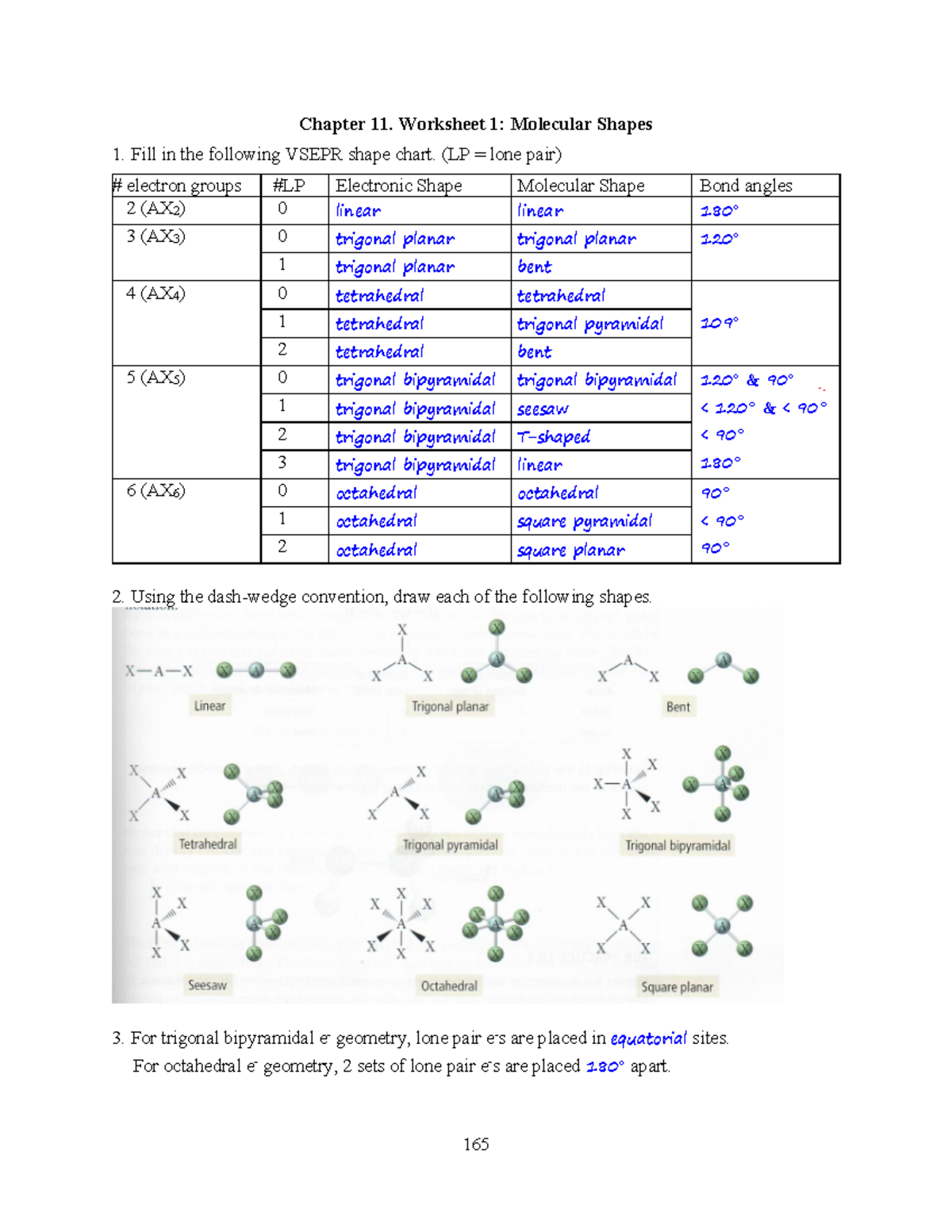 Chapter 11 Worksheet Worked Chapter 11 Worksheet 1 Molecular Shapes
