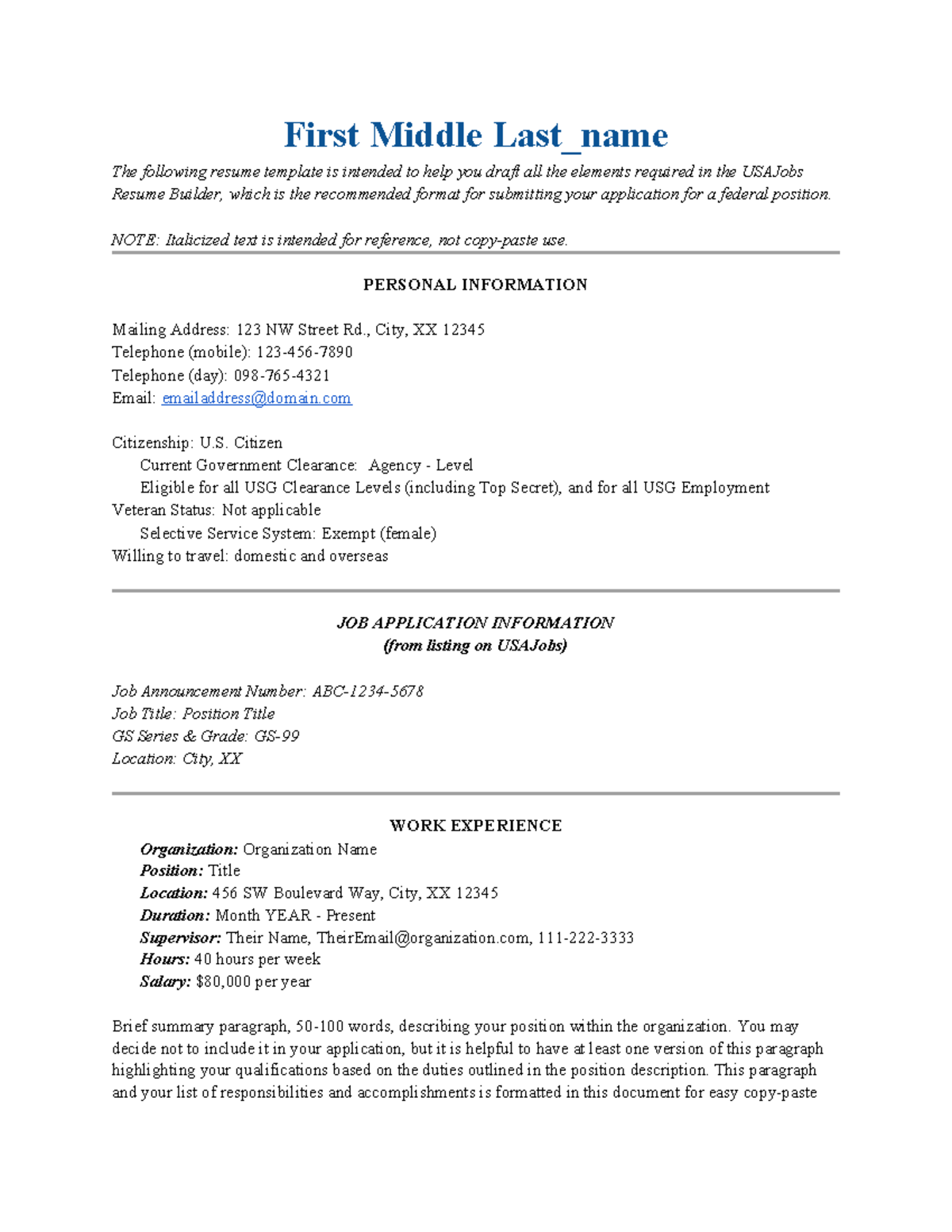 Template - Master Federal Resume (i.e. for USAJobs) - First Middle Last ...