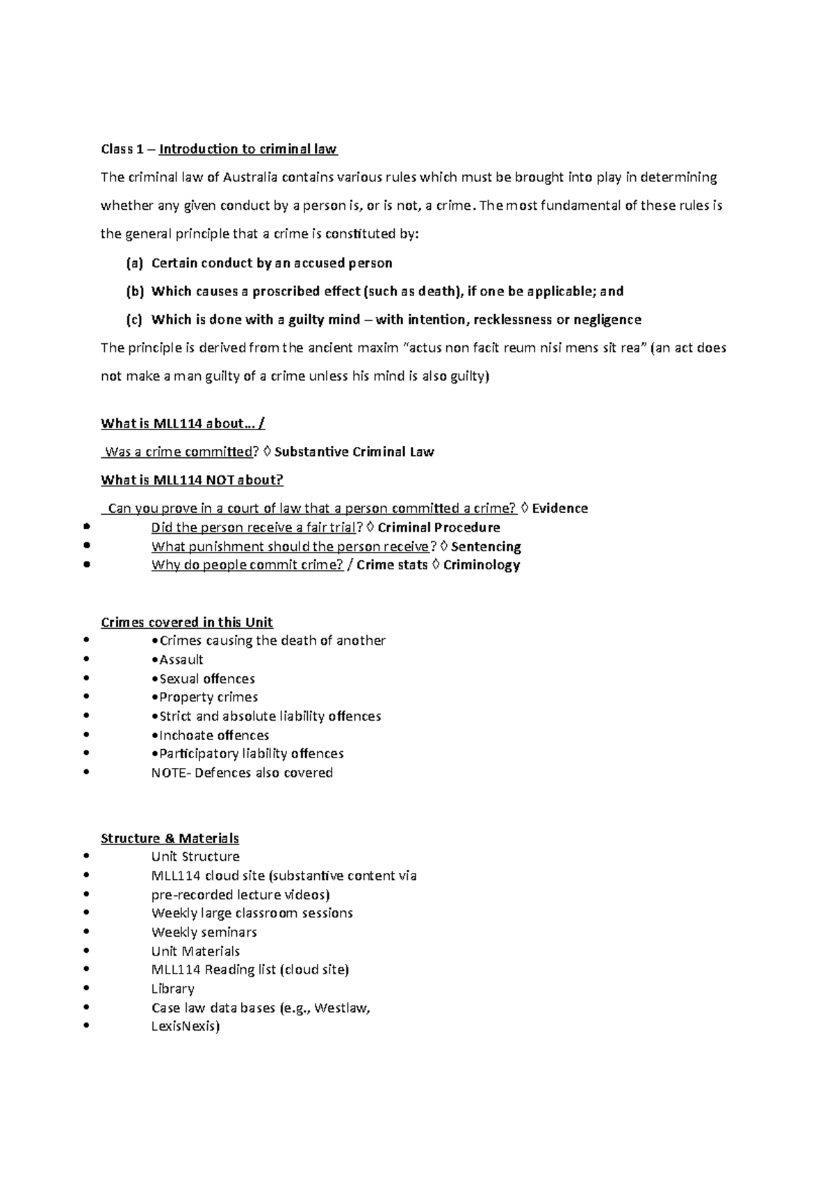 Week 1 - Intro to criminal law - Class 1 – Introduction to criminal law ...