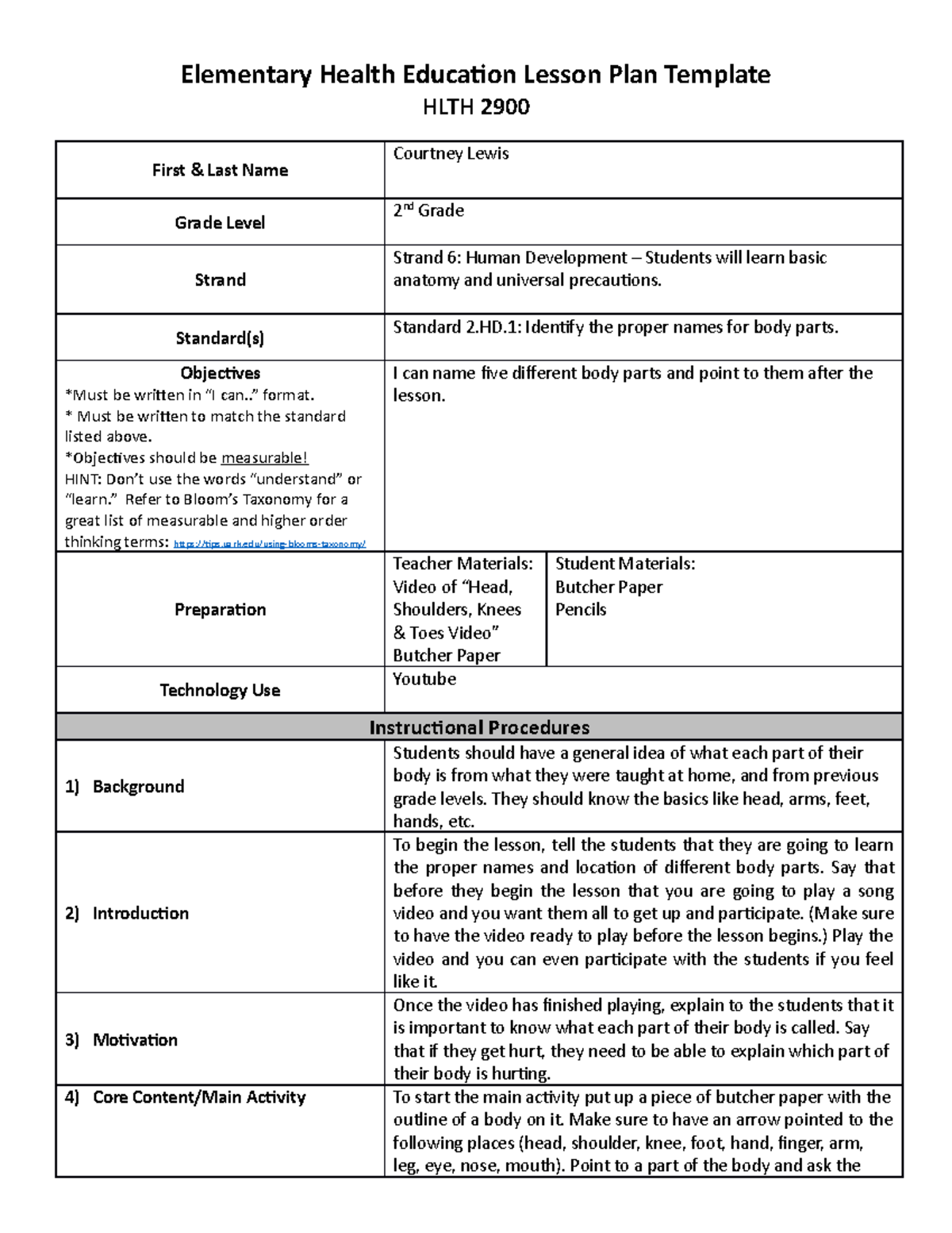 HLTH 2900 Lesson Plan Template 6 Elementary Health Education Lesson 