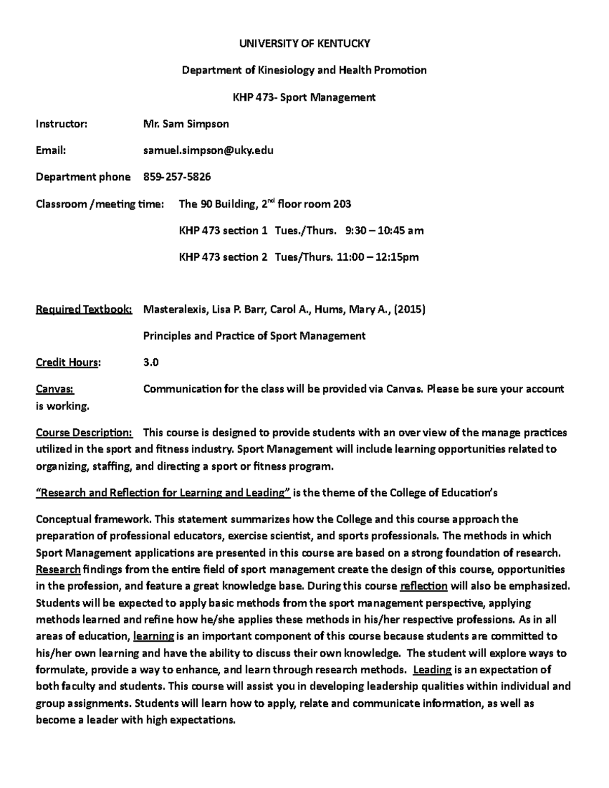 KHP 473 Syllabus-6 - KHP 473 Syllabus-6 - UNIVERSITY OF KENTUCKY ...