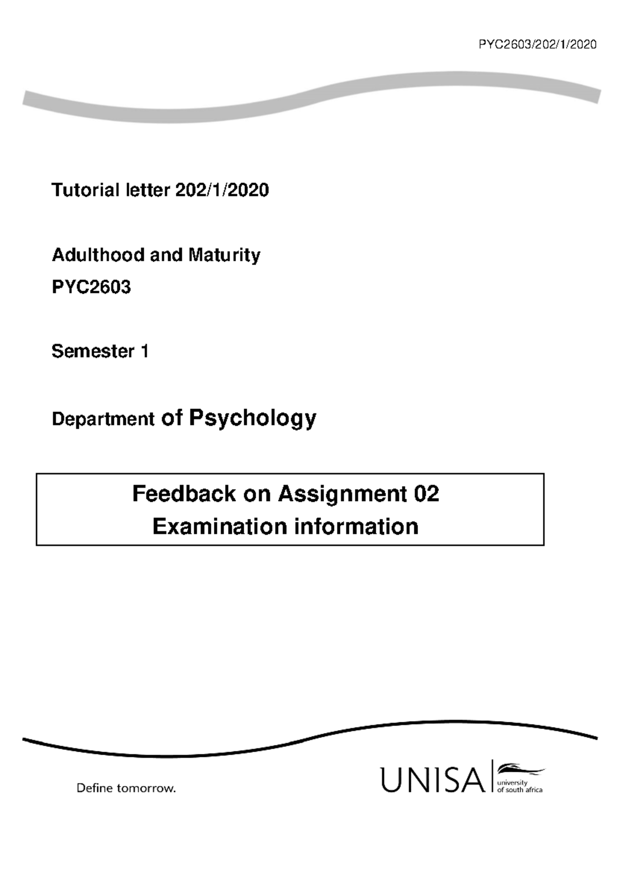 202 2020 1 b - jghg - PYC2603/20 2 / 1 /20 20 Tutorial letter 202/1/20 ...