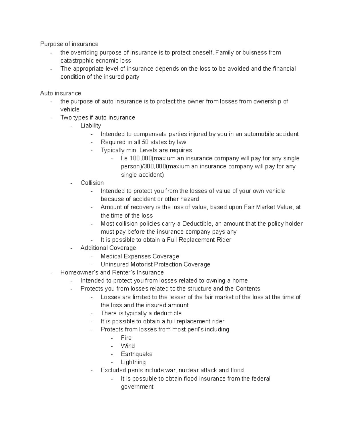 Finance Standard Class notes Purpose of insurance the overriding