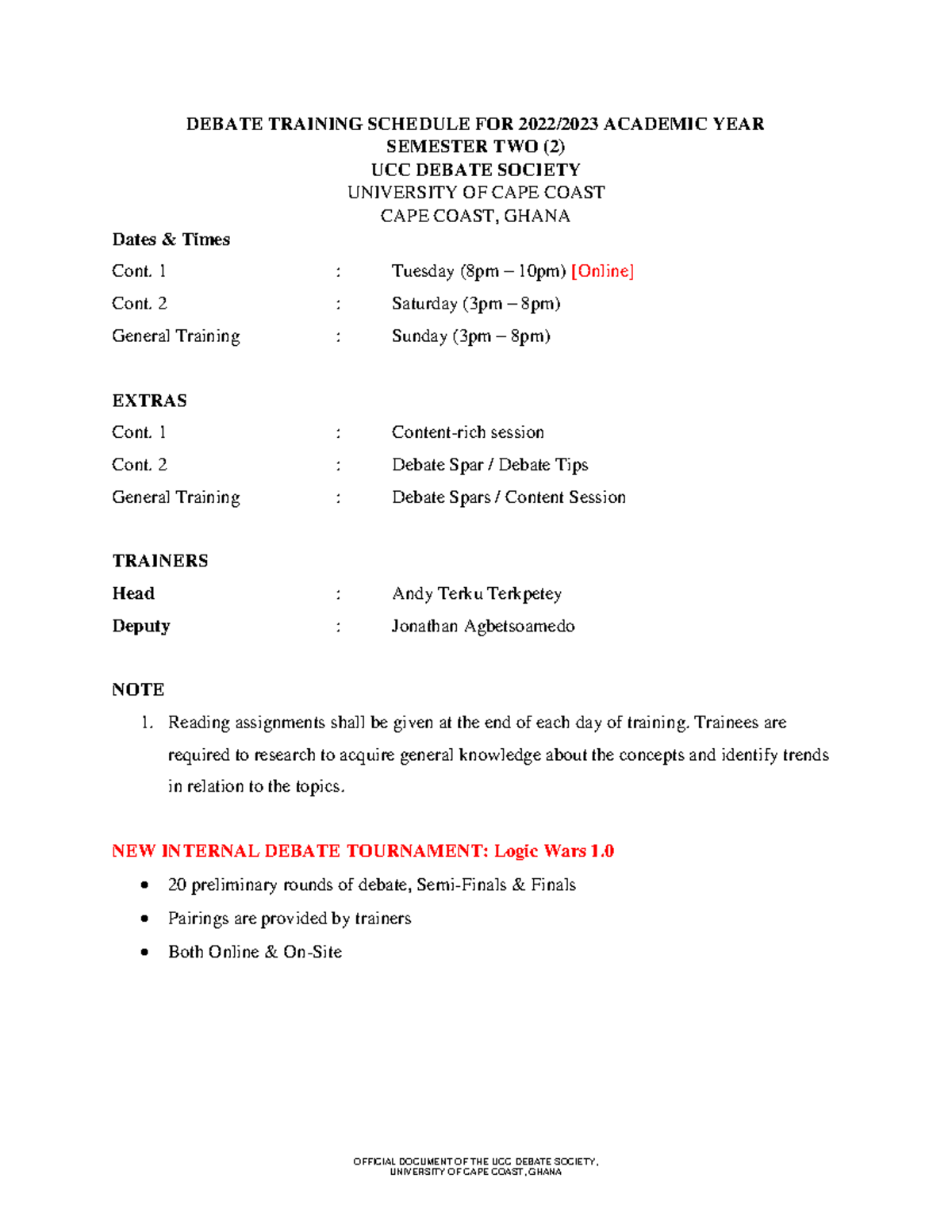 Uccds - 2023 2nd Semester Final Training Schedule - DEBATE TRAINING