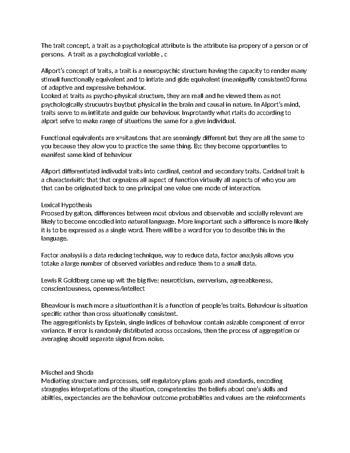 Psyhcology of peronslaity after post-midterm class notes - The trait ...