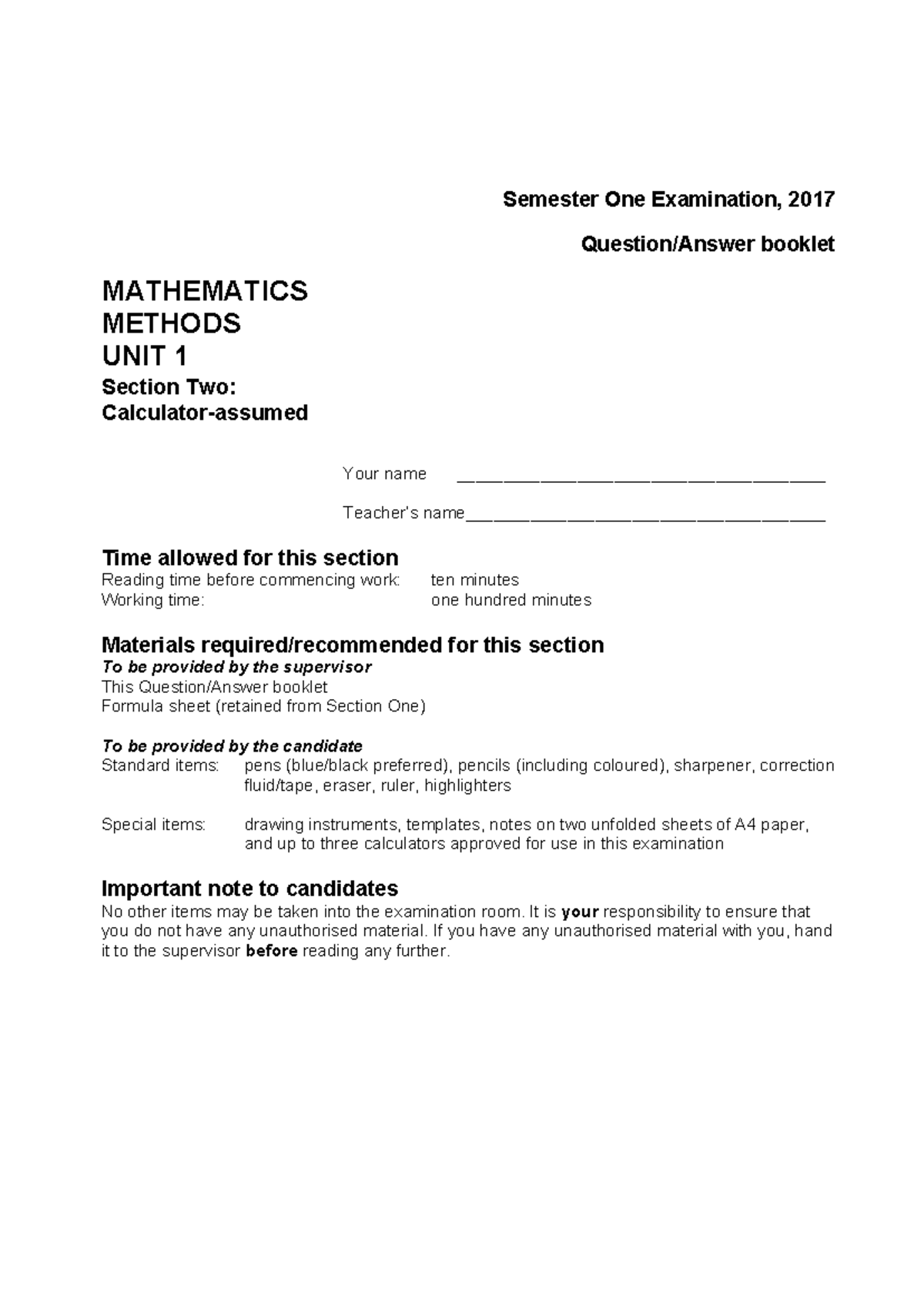 WAEP 2017 YR11 METH U1 S2 - Semester One Examination, 2017 Question ...