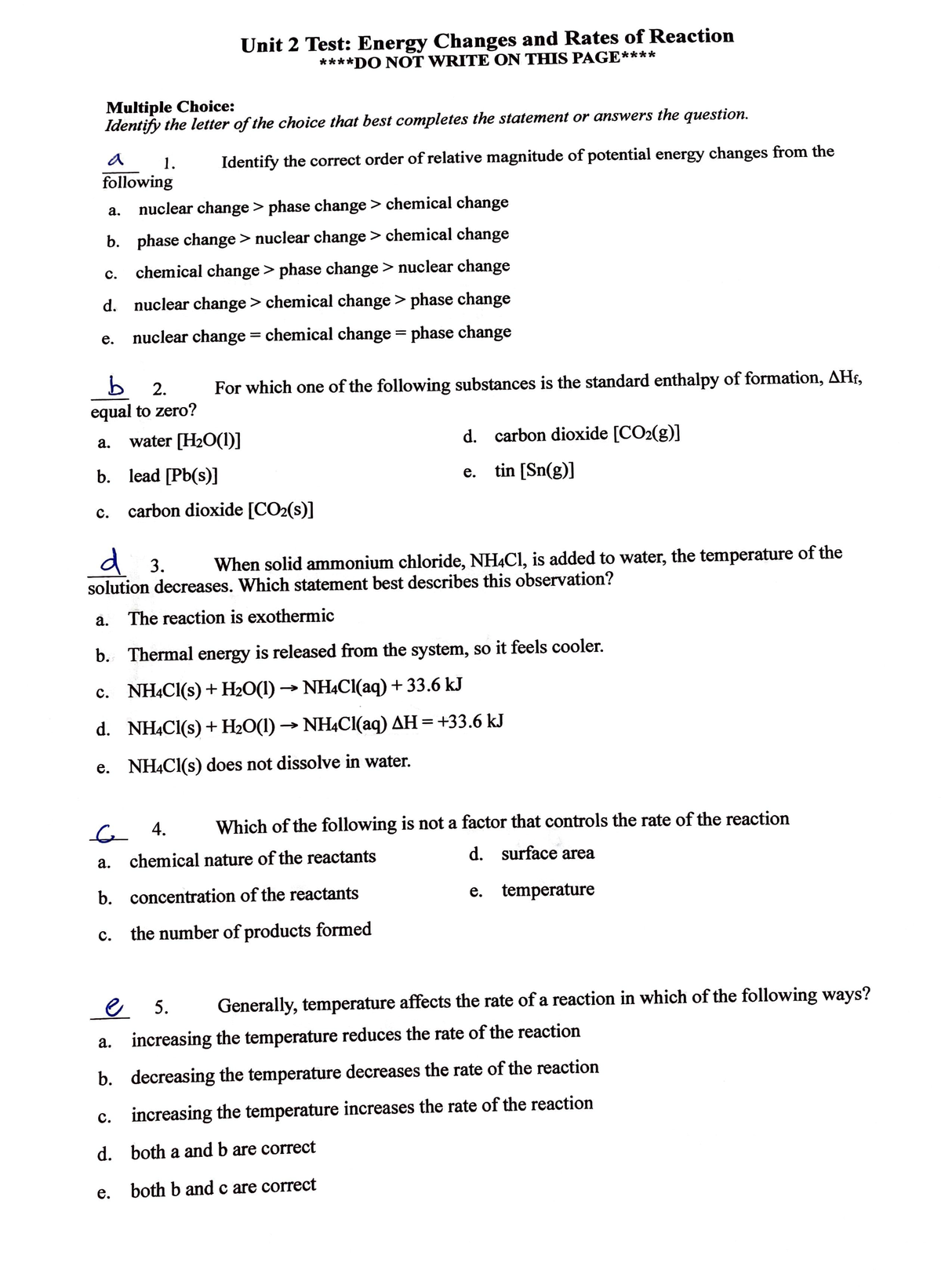 chemistry 12 test subject and and and and - Unit 2 Test: Energy Changes ...