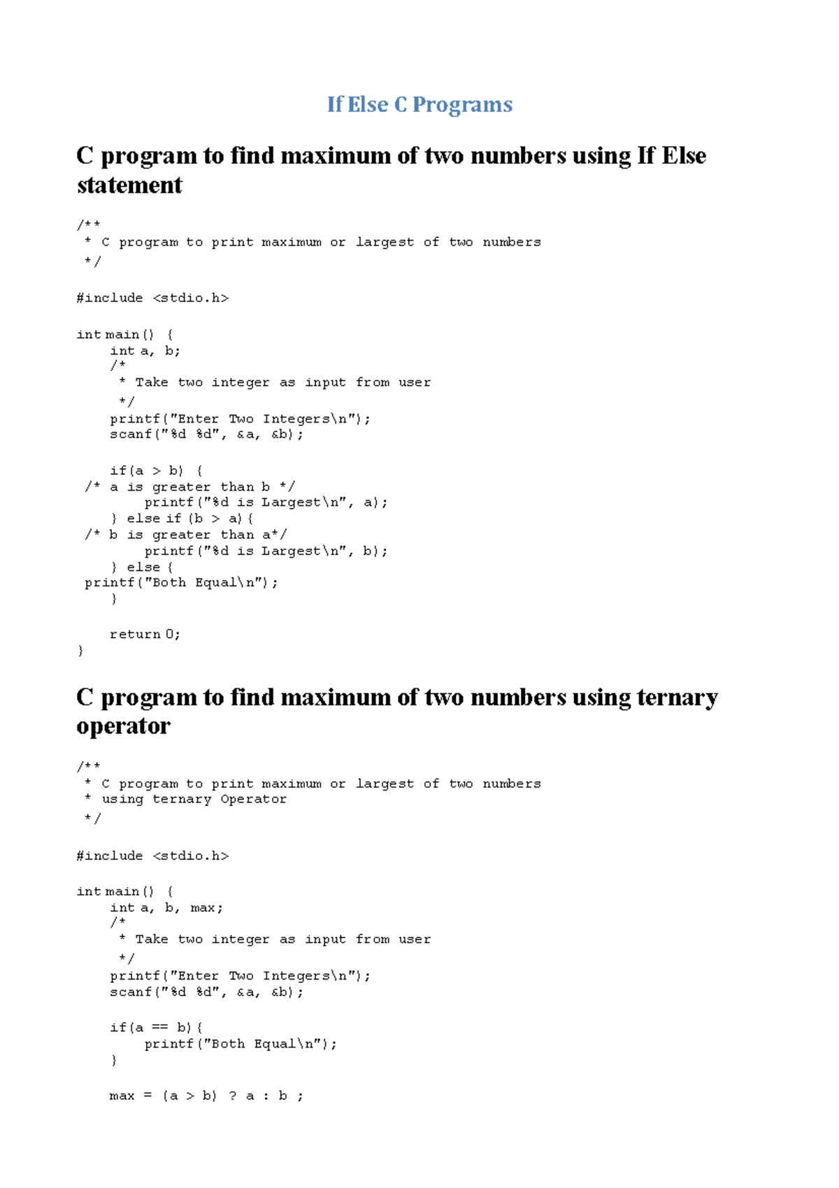 C programs programs if else c programs c program to find maximum of
