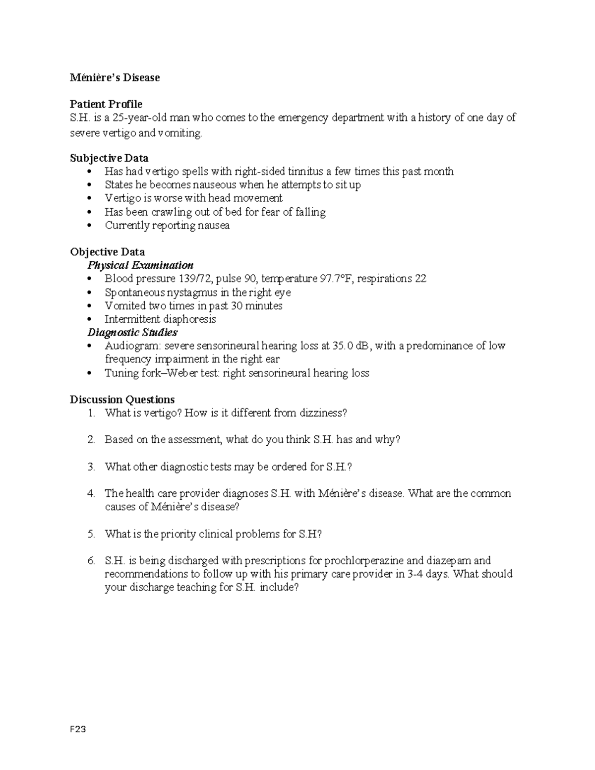 In Class Ménière’s Disease Case Study F23 Ménière’s Disease Patient