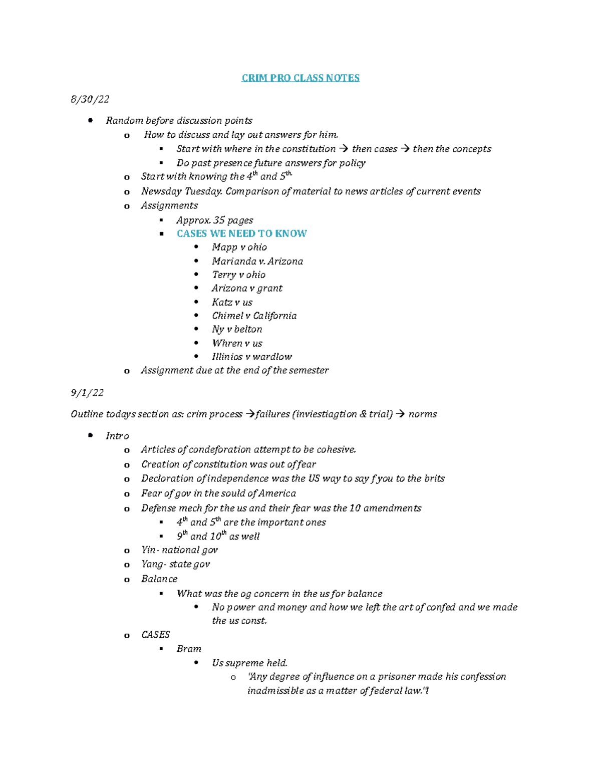 CRIM PRO Class Notes - CRIM PRO CLASS NOTES 8/30/ Random before ...