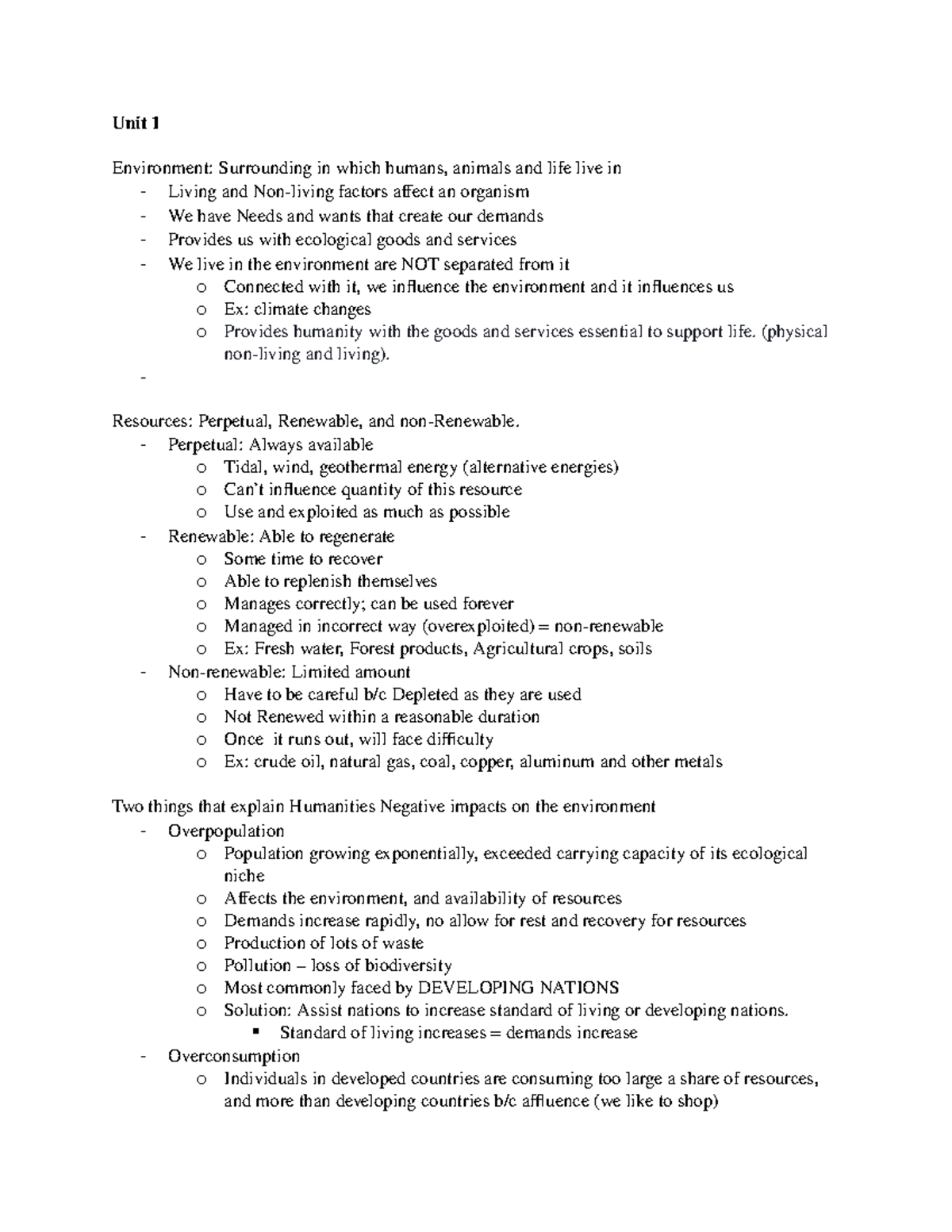 Unit 1 ENVR 1000 - Unit 1 Environment: Surrounding In Which Humans ...