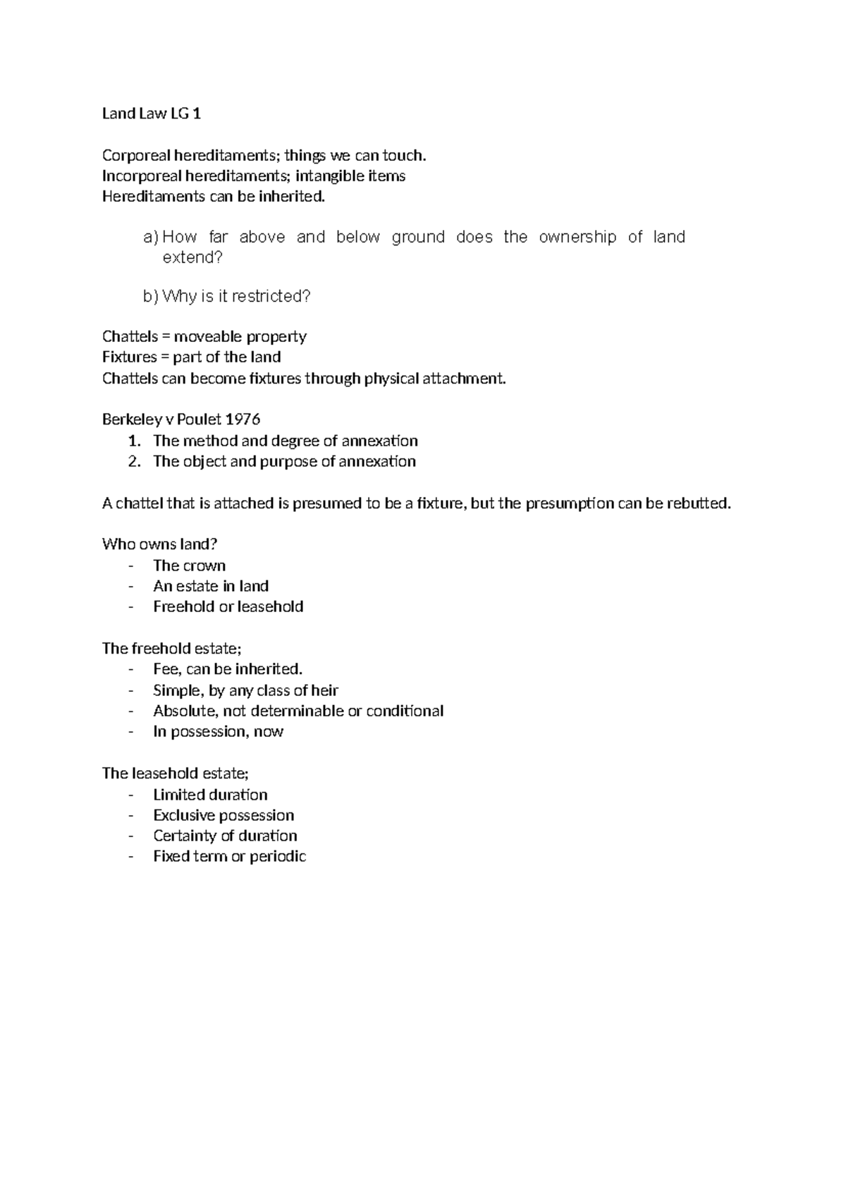 Land Law LG 1 - land law notes - Land Law LG 1 Corporeal hereditaments ...