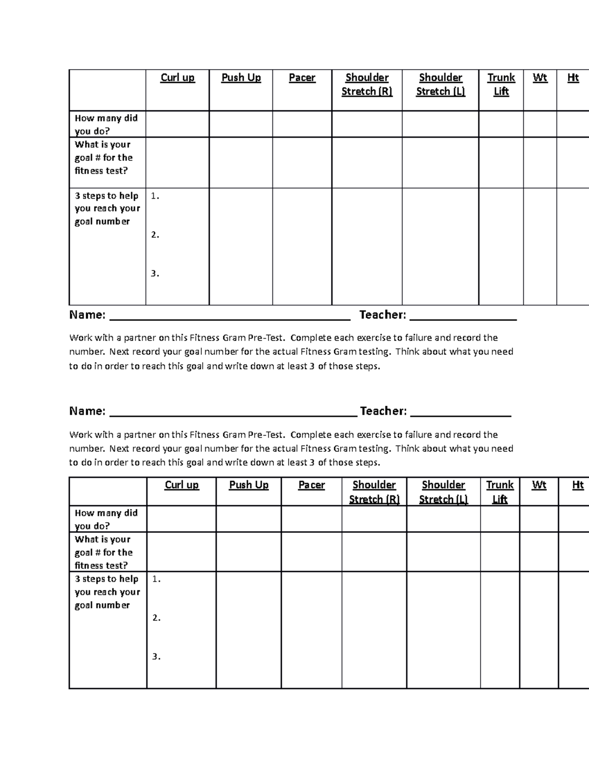 FGPre Test - Pre Test rubric for students practice - Curl up Push Up ...