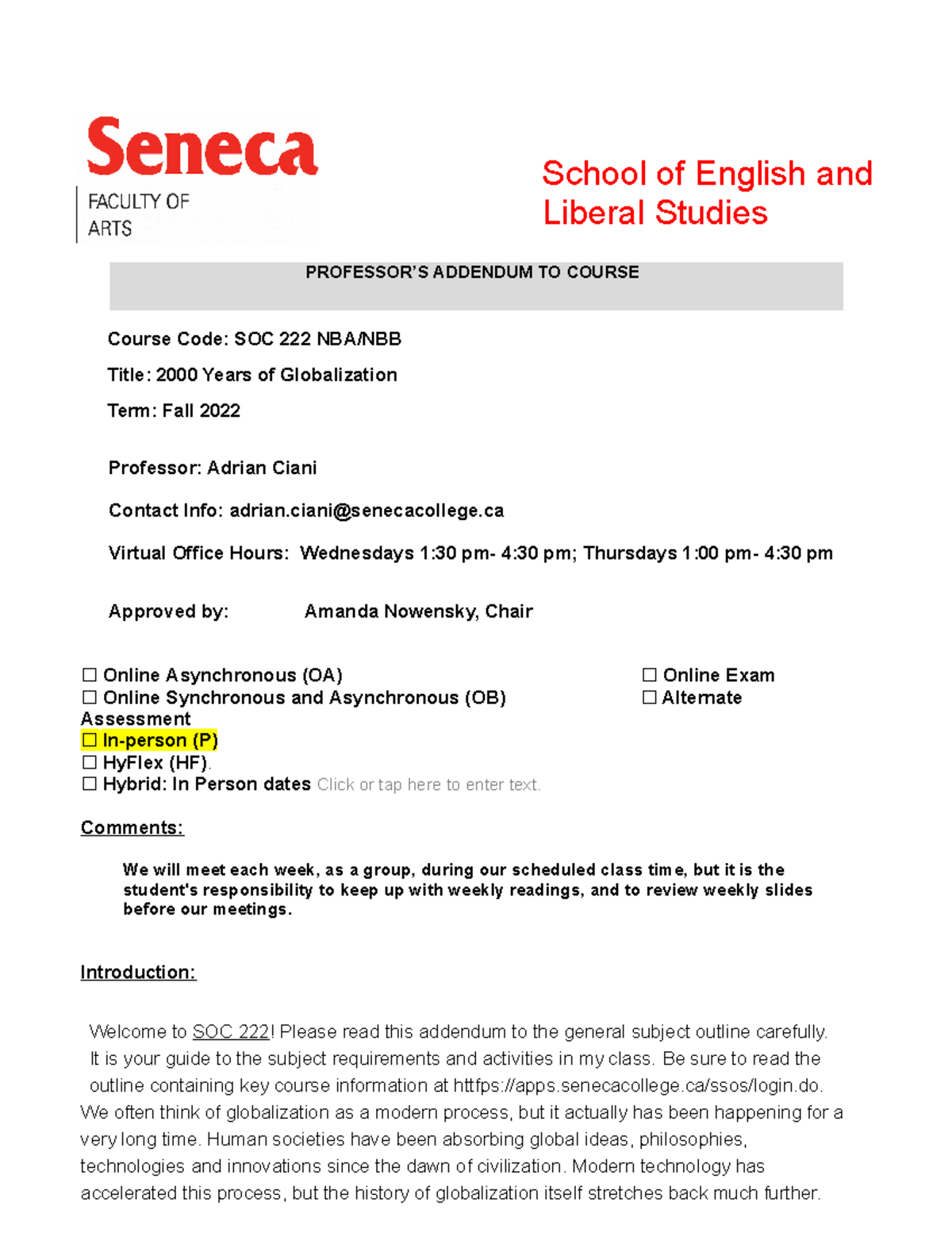 SOC 222 Course Addendum Fall 2022 - Course Code: SOC 222 NBA/NBB Title ...
