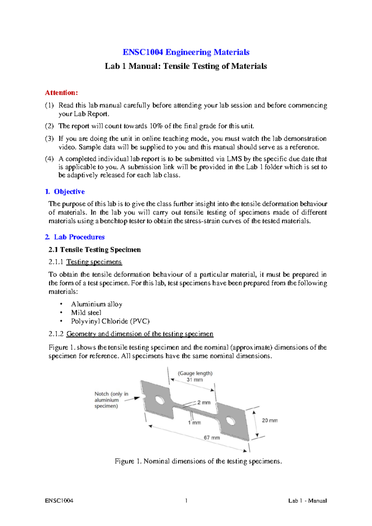 Lab 1 - Manual - Lab 1 - ENSC1004 Engineering Materials Lab 1 Manual ...