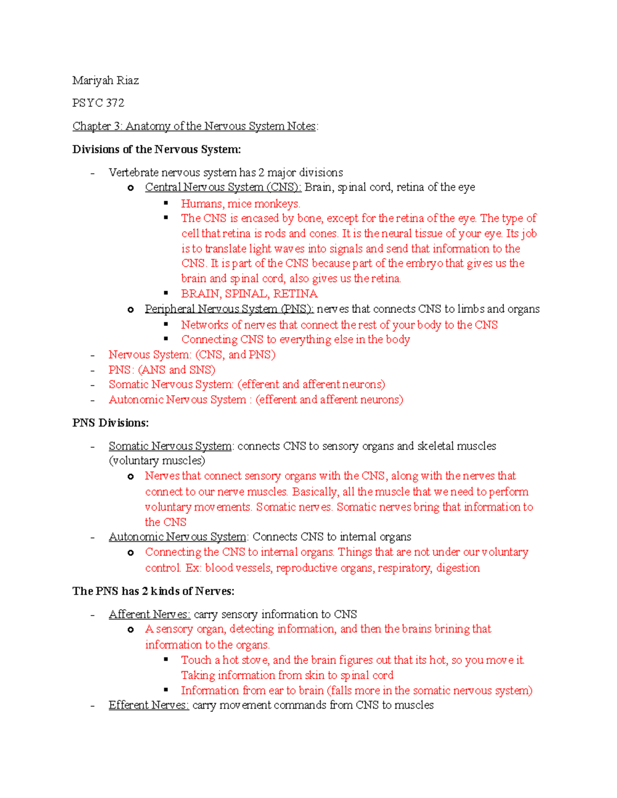 Chaper 3 Notes Anatomy of the Nervous System - Mariyah Riaz PSYC 372 ...