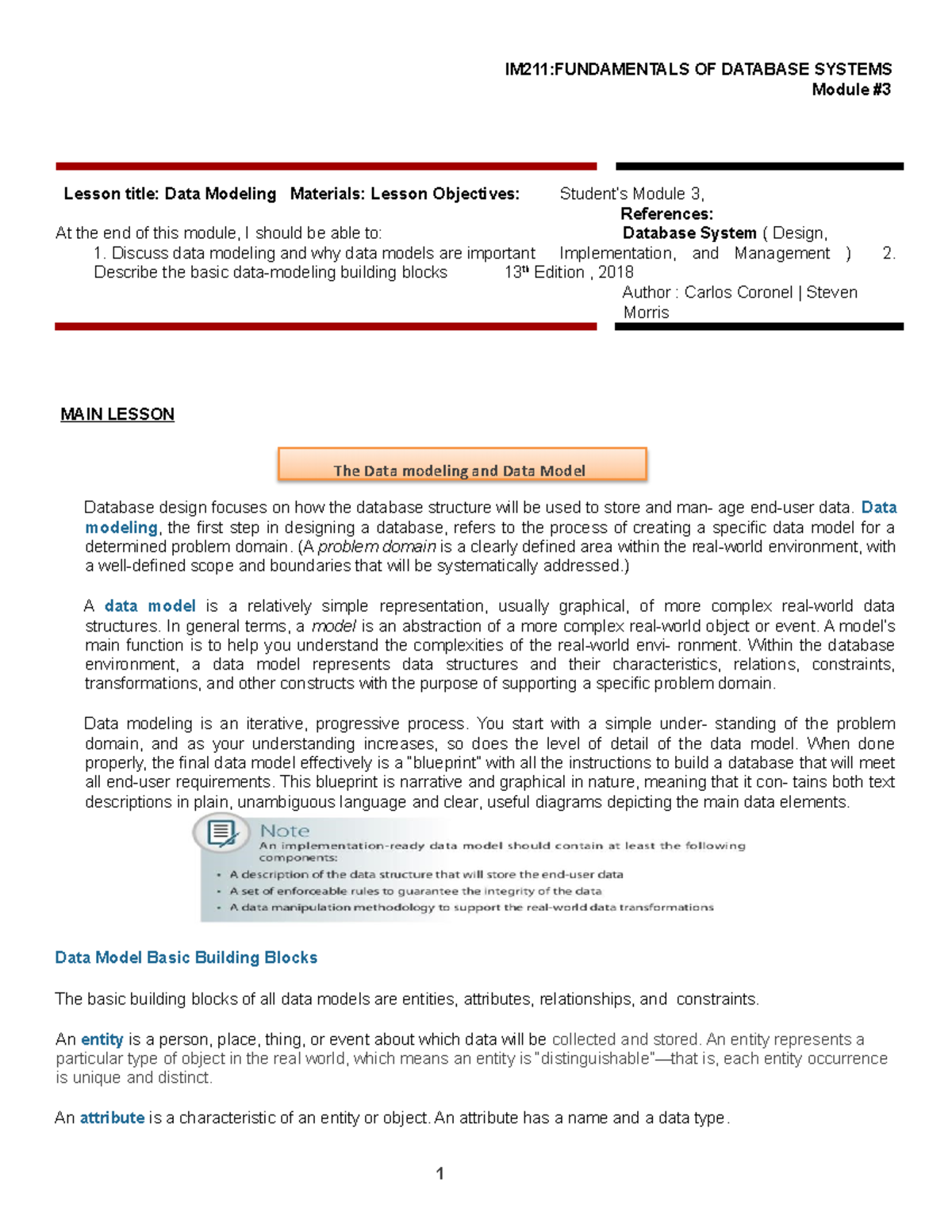 Module 3 - Module # Lesson title: Data Modeling Materials: Lesson ...