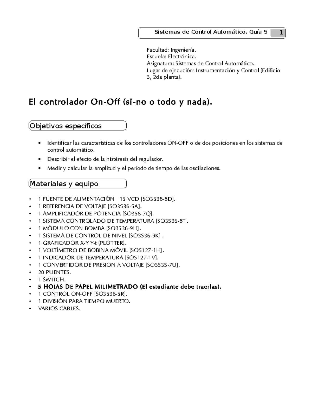 Control ON-OFF Histeresis - Sistemas de Control Automático. Guía 5 1 ...