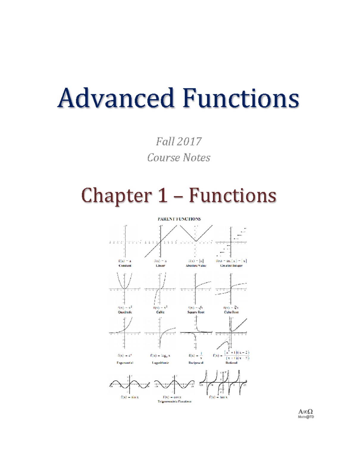 MHF4U Chapter 1 - Introduction to Functions - Advanced Functions Fall ...