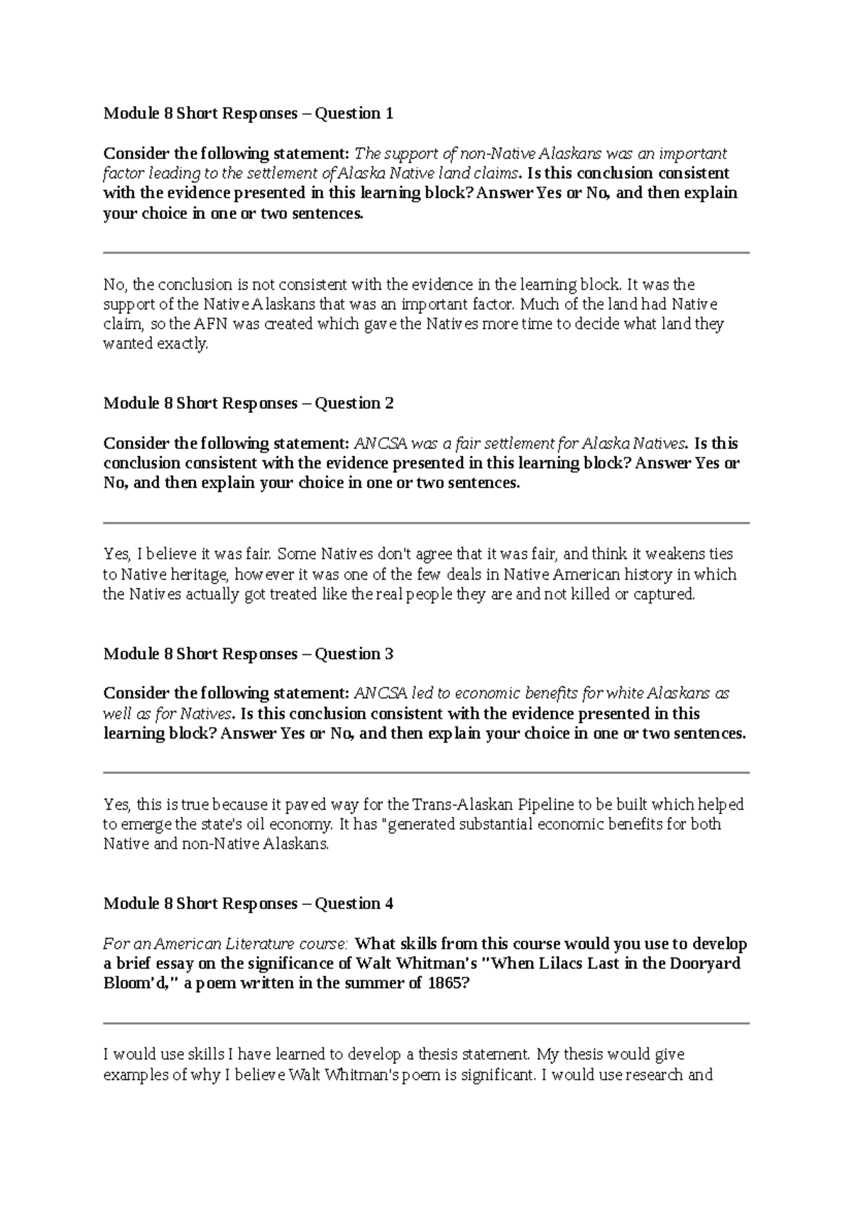 HIS 200 Module 8 Short Responses Module 8 Short Responses Question