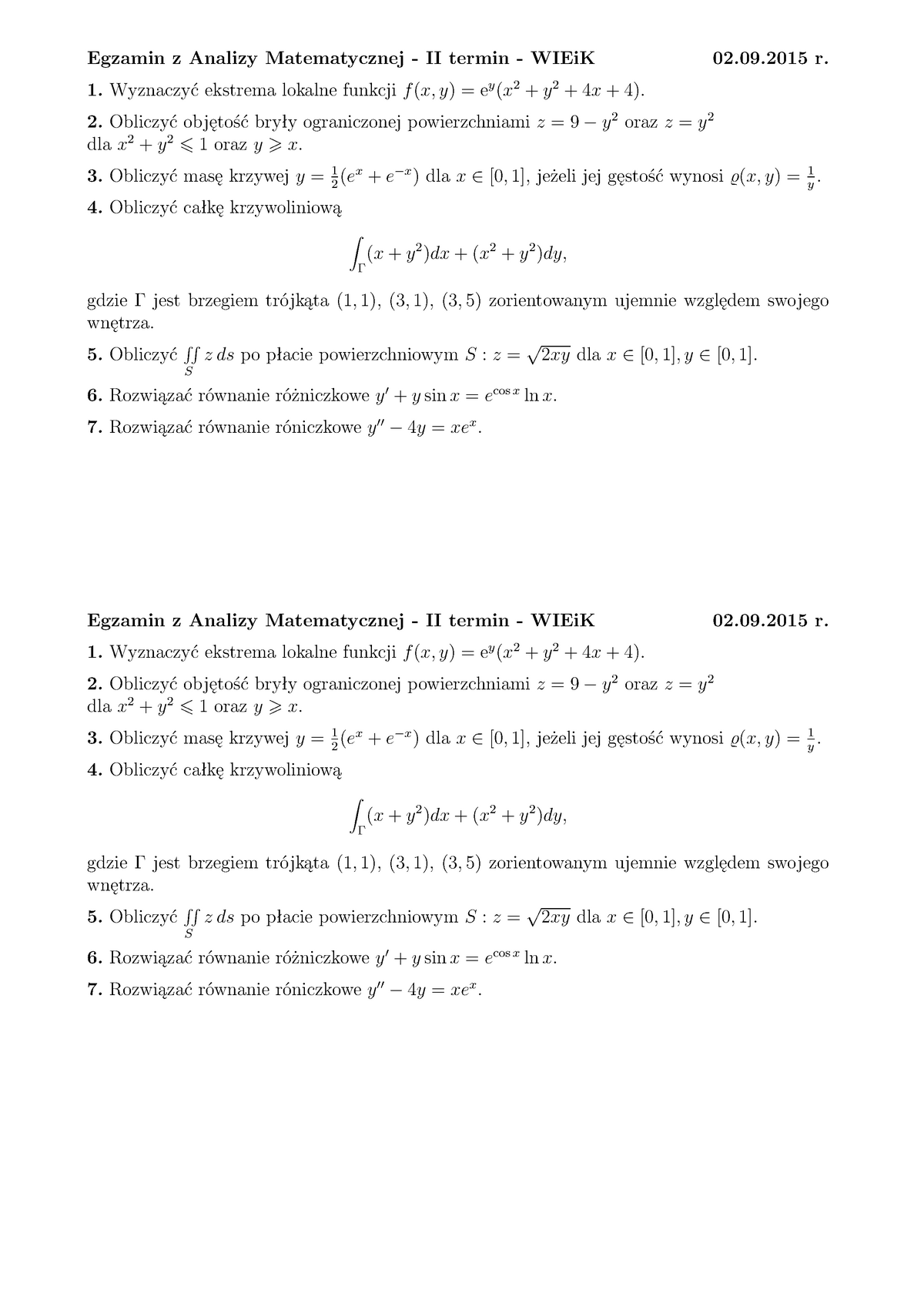 Egzamin 2 Wrzesień 2015, Pytania - Egzamin Z Analizy Matematycznej II ...