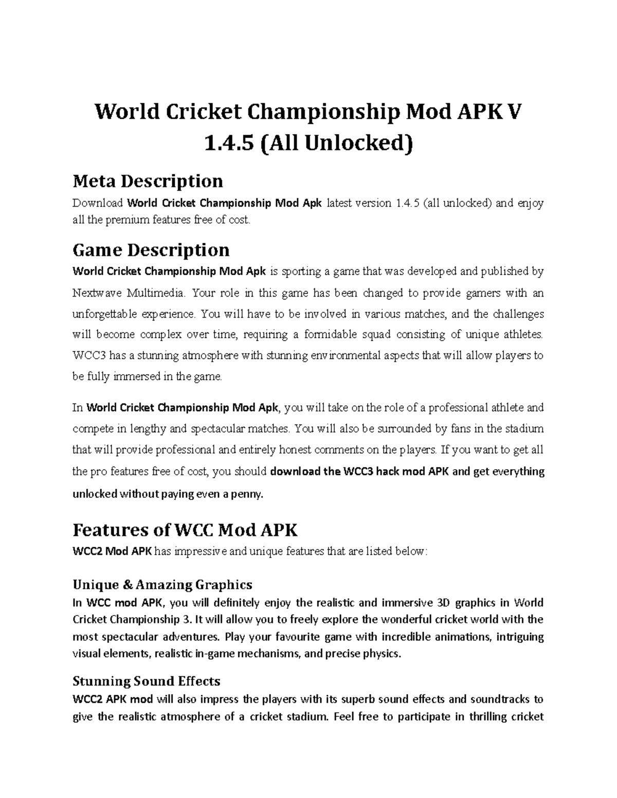 World Cricket Championship Mod APK 4 (All Unlocked) Meta Description