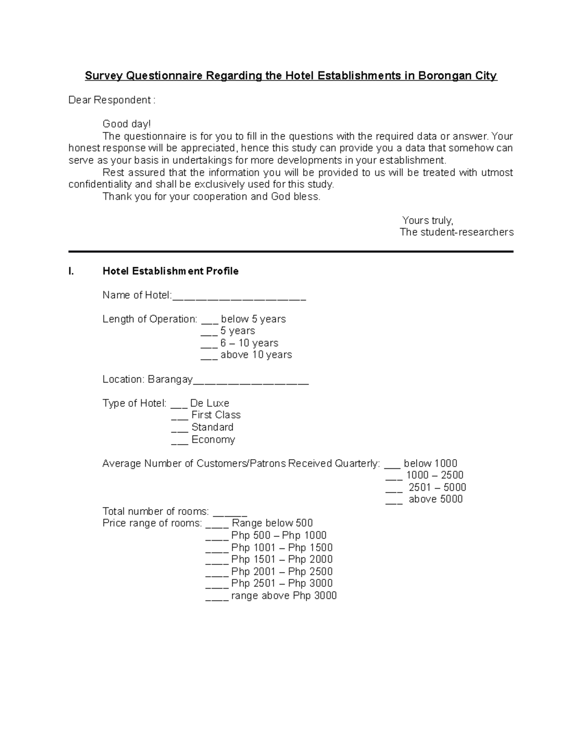CCC - survey questionnaires - Survey Questionnaire Regarding the Hotel ...