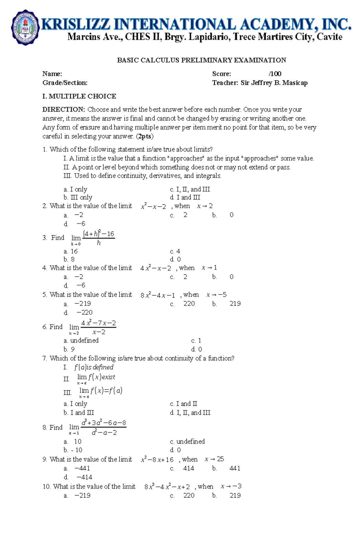 preliminary examination in basic calculus - BASIC CALCULUS PRELIMINARY ...