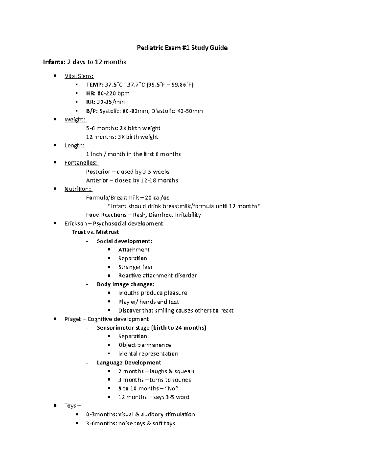 Peds Exam #1 Study Guide - Pediatric Exam #1 Study Guide Infants: 2 ...