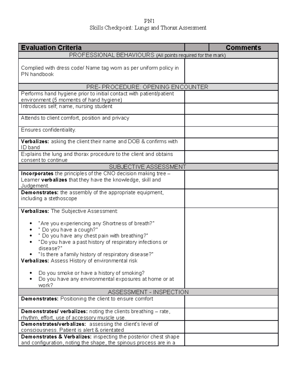 Pn Lab 1 - Skills Checkpoint - Lungs And Thorax Assessment Student - Pn 