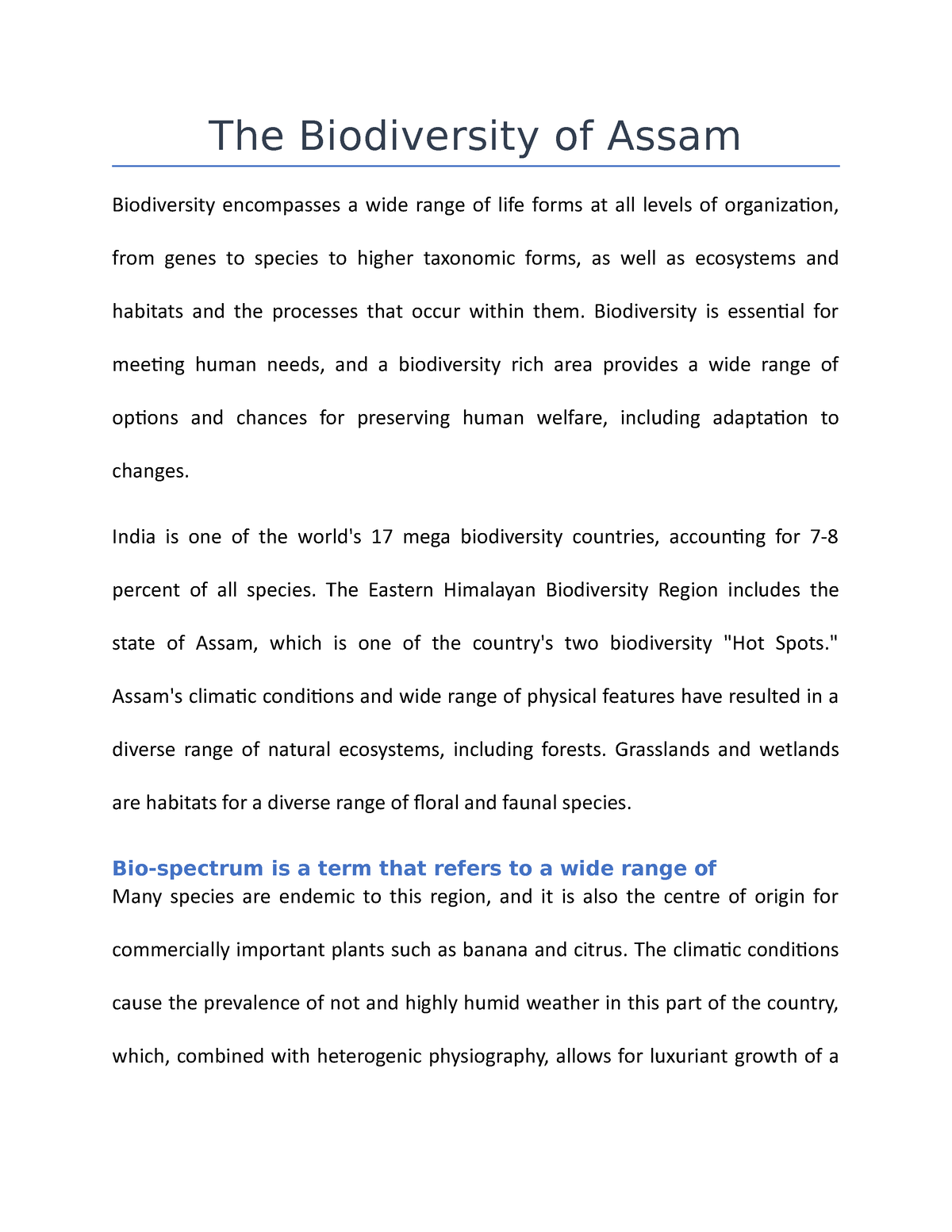 biodiversity of assam essay