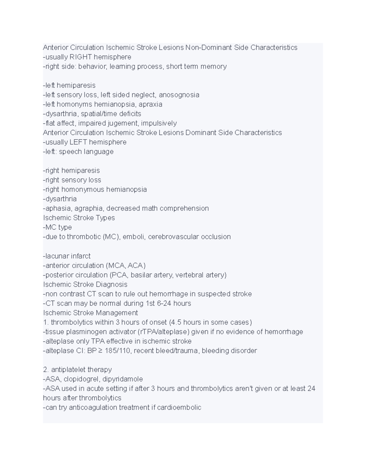 Neuroscience lecture notes exam 2 Anterior Circulation Ischemic