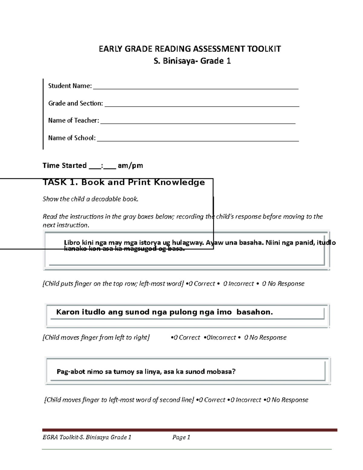 FinalEGRA S.Binisaya Grade 1 RGP EARLY GRADE READING ASSESSMENT