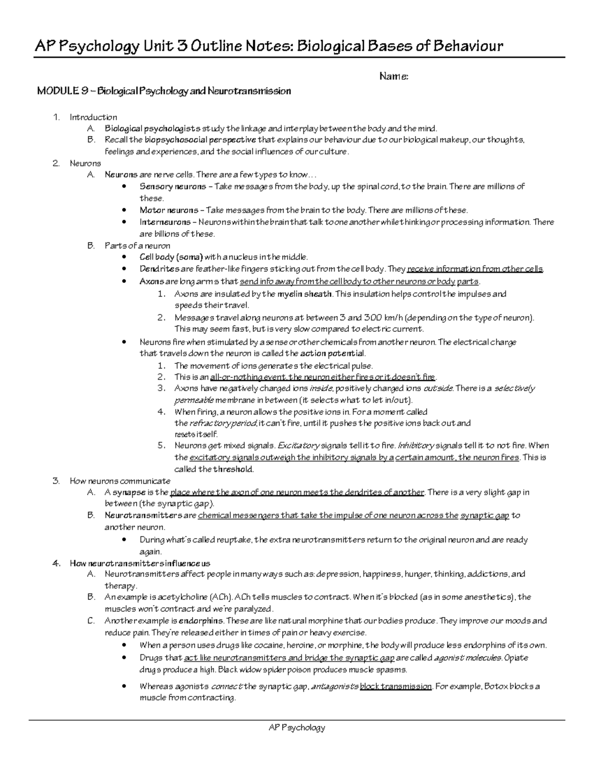 AP Psychology Unit 3 Outline Notes - Biological Bases of Behaviour ...