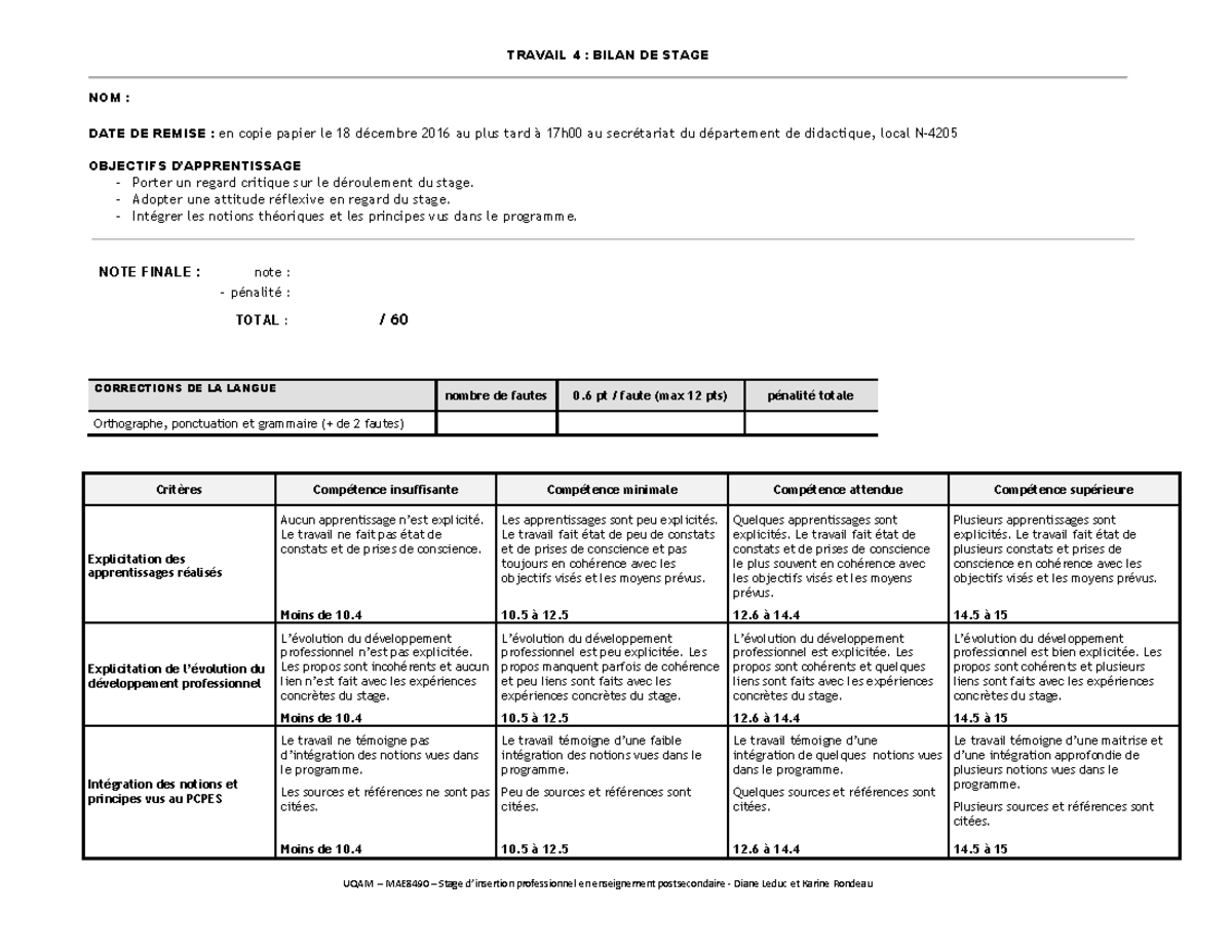 MAE8490Grilletravail 4 Bilan TRAVAIL 4 BILAN DE STAGE UQAM