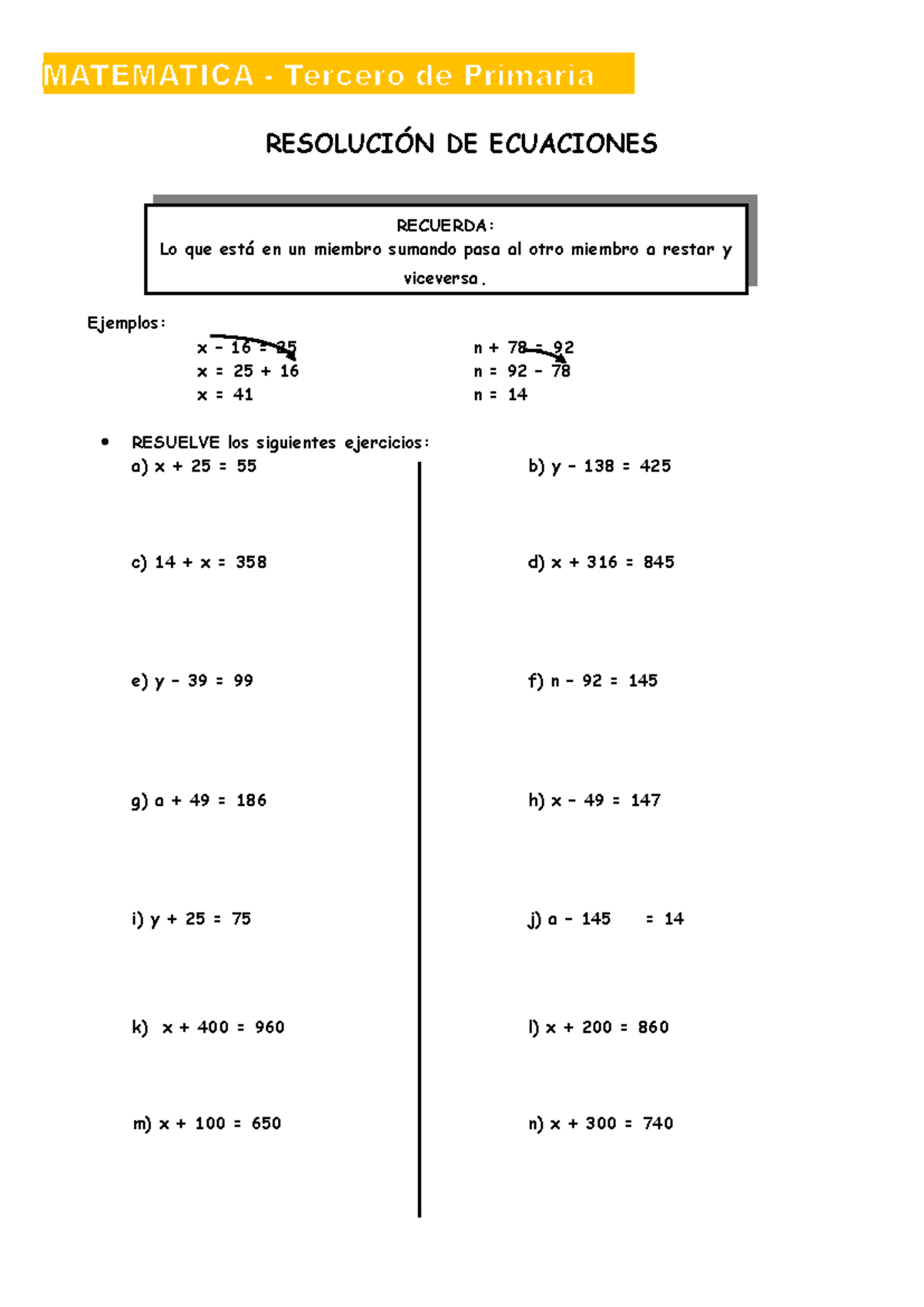 Resolucion de Ecuaciones para Tercer Grado de Primaria - RESOLUCIÓN DE ...