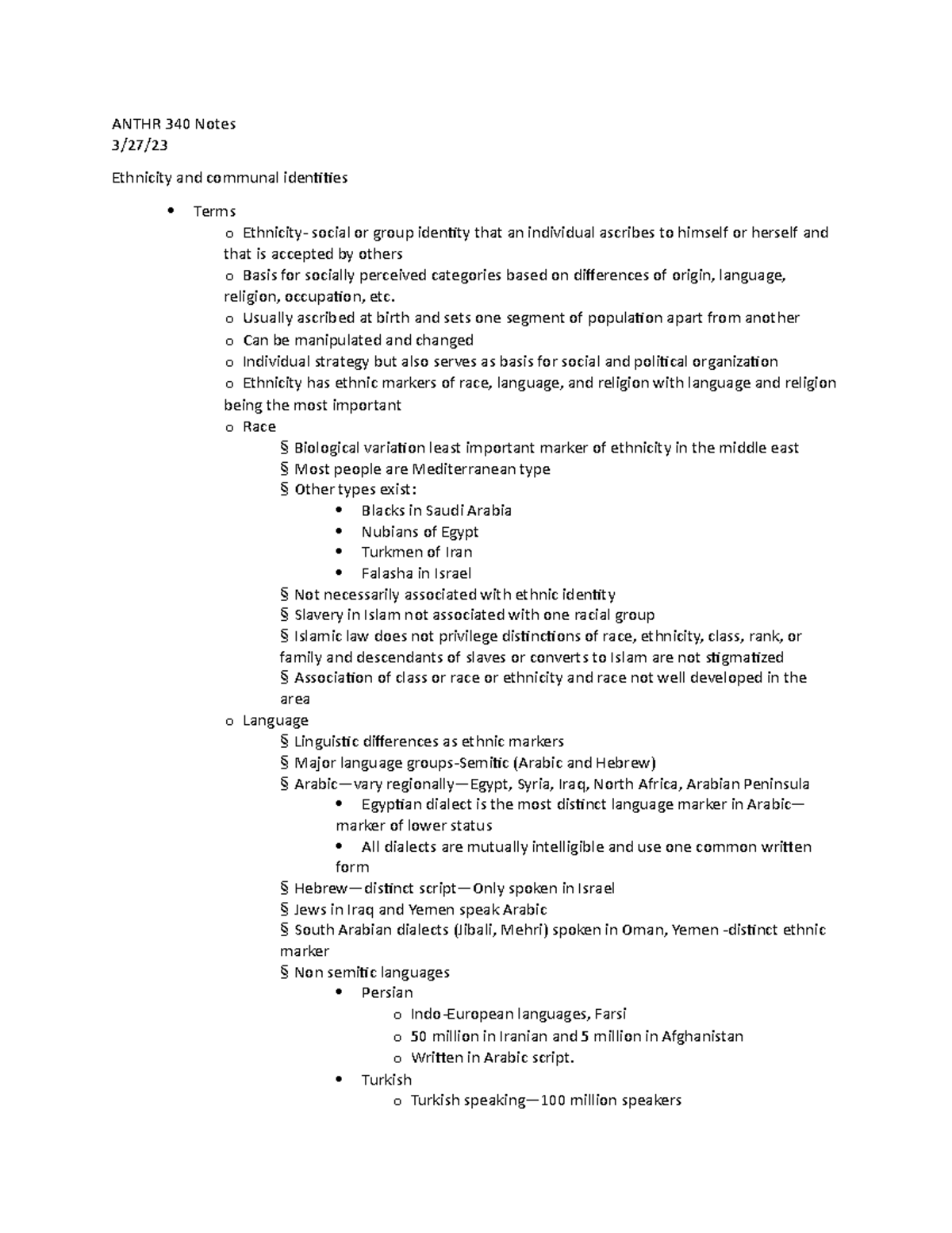 ANTHR 340 Notes 3 - Ethnic and Communal Identities - ANTHR 340 Notes 3 ...