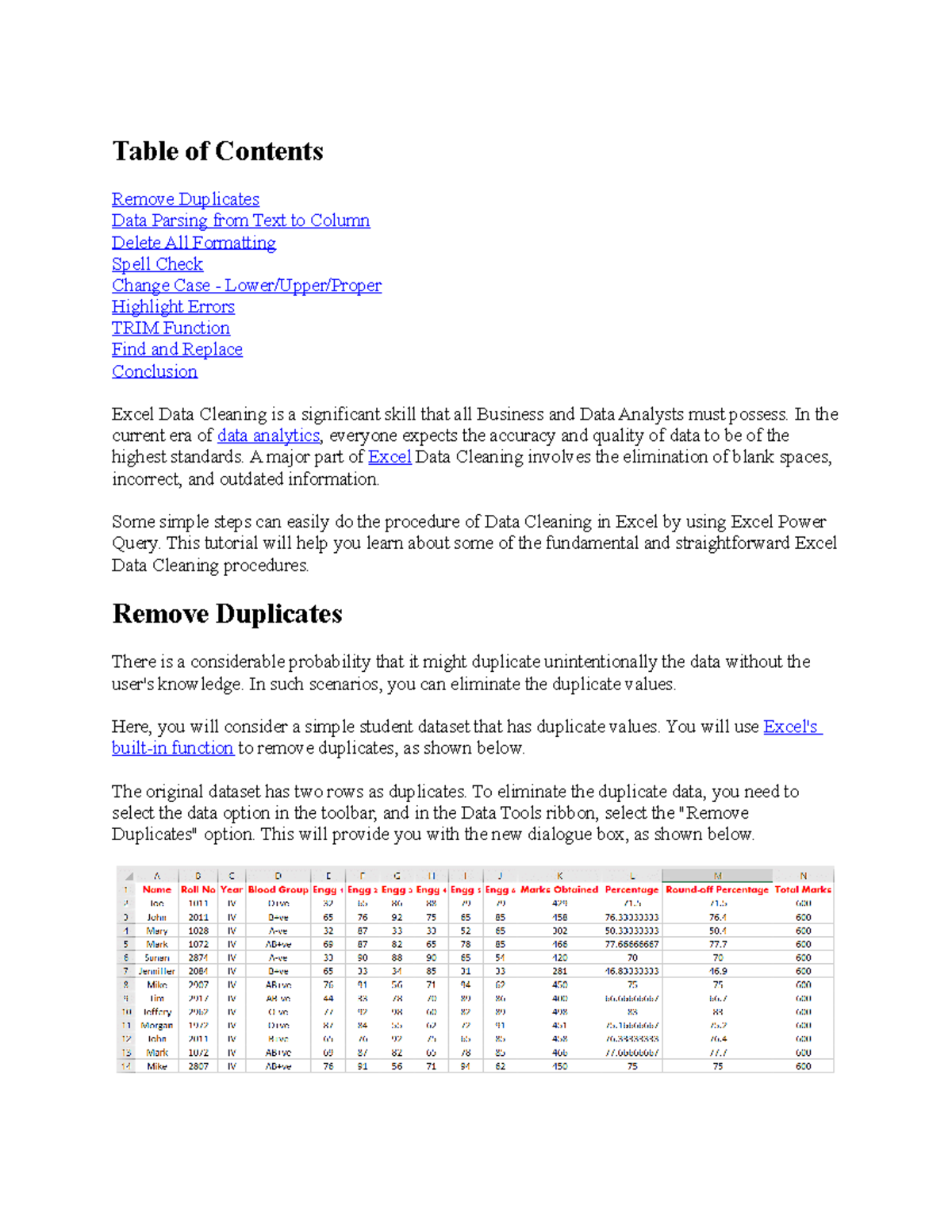 Cleaning data in Excel - Table of Contents Remove Duplicates Data ...