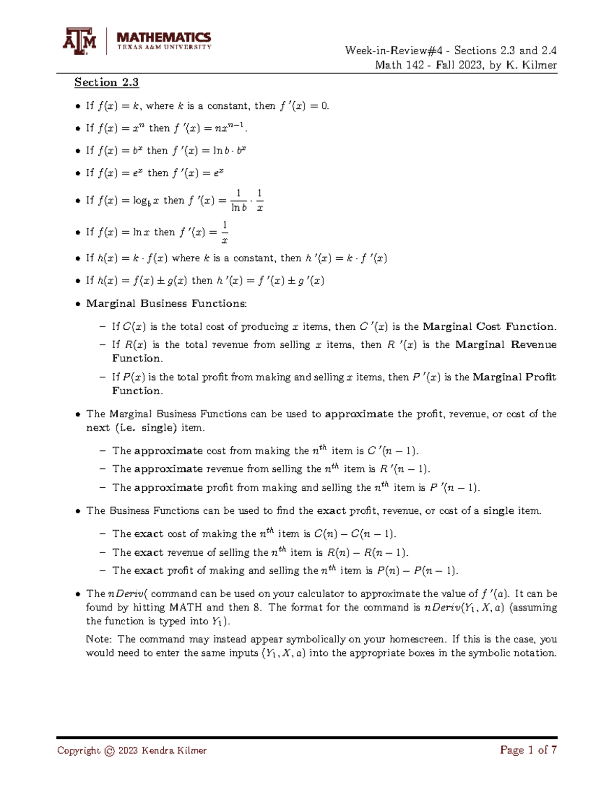 2.3:2.4 math review - practice - Math 142 - Fall 2023, by K. Kilmer ...