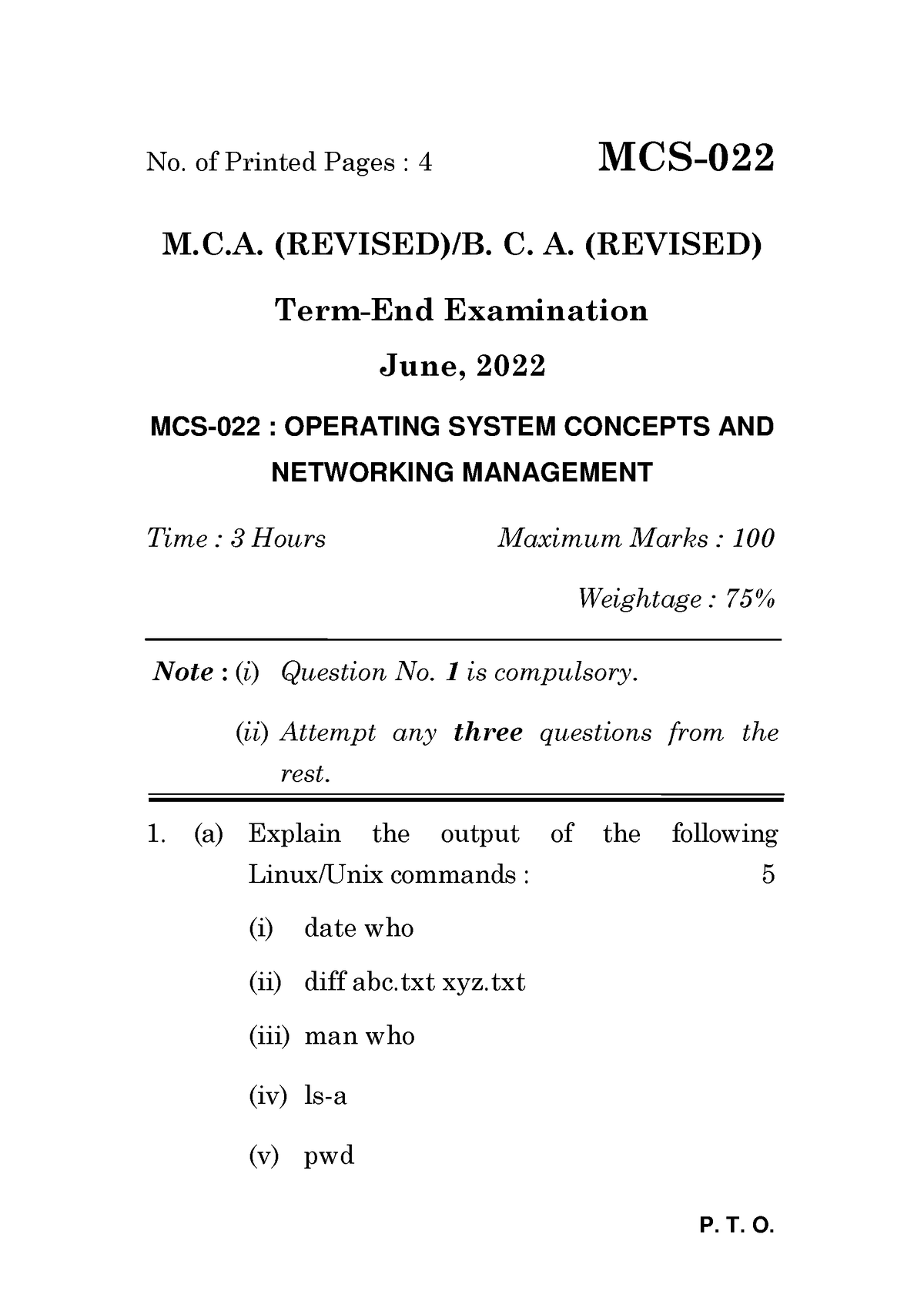 MCS-022 - P. T. O. No. Of Printed Pages : 4 MCS- M.C. (REVISED)/B. C. A ...