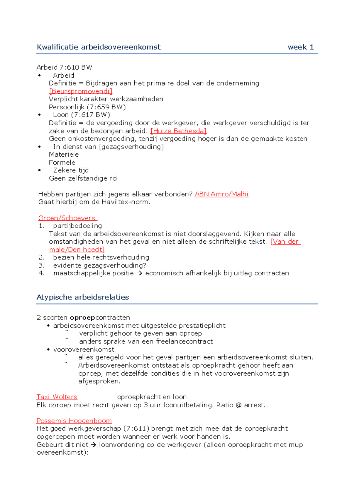 Arbeidsrecht Jurisprudentie - Kwalificatie Arbeidsovereenkomst Week 1 ...