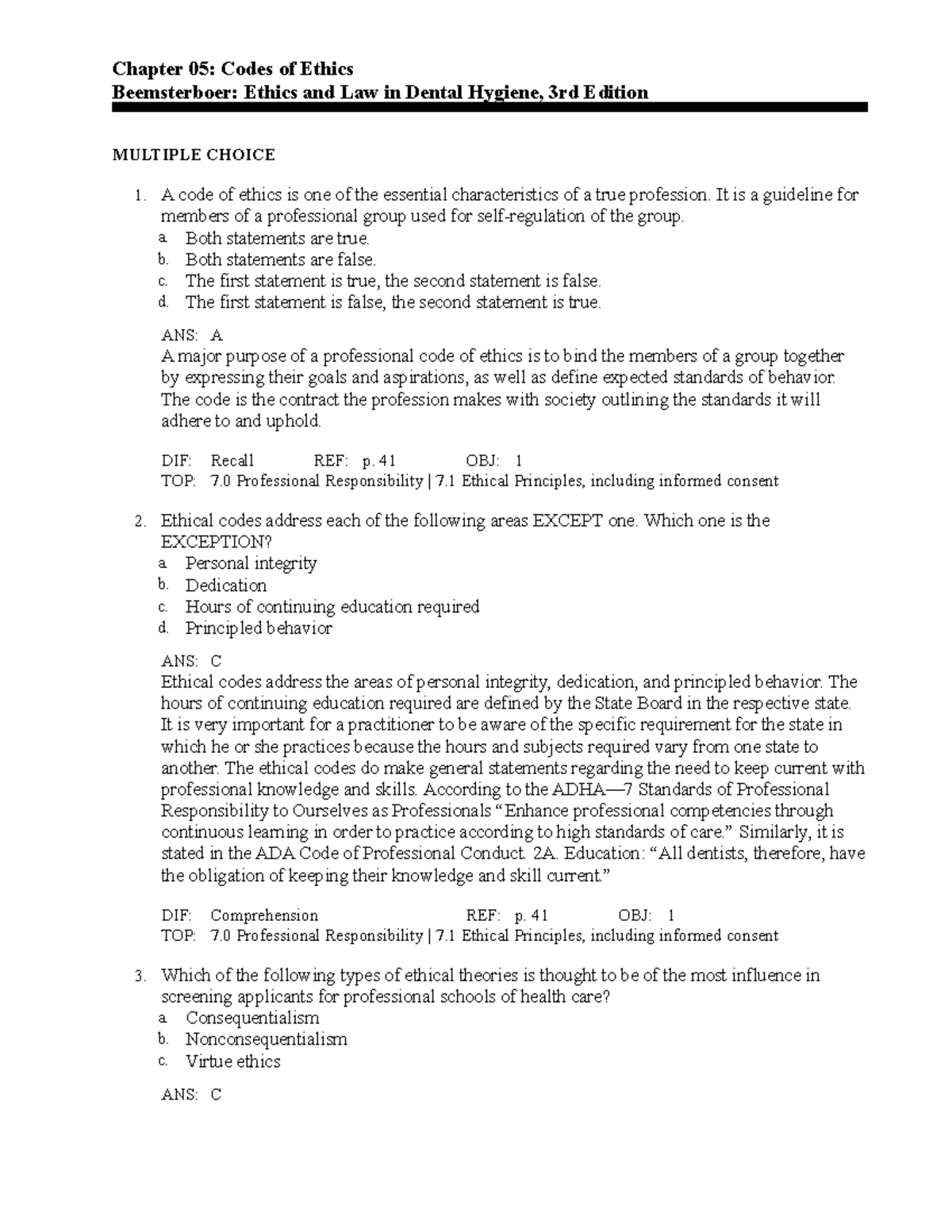 C5 quiz Chapter 05 Codes of Ethics Beemsterboer Ethics and Law in