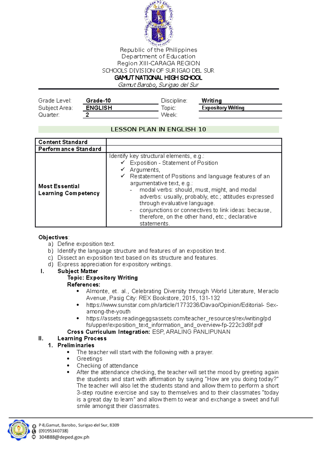 COT - Lesson Plan - Republic of the Philippines Department of Education ...