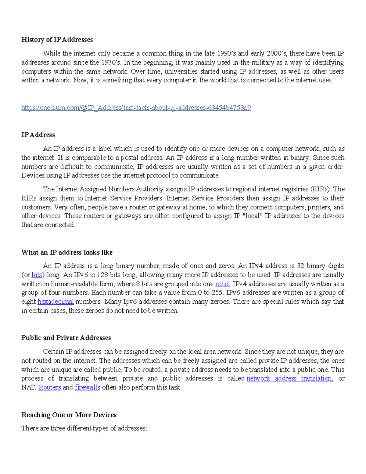Activity 1 - N/A - History of IP Addresses While the internet only ...