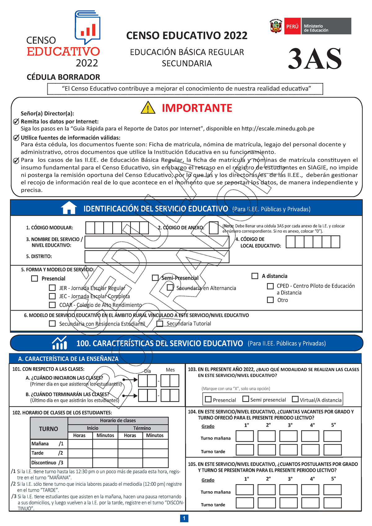 Cedula 3AS Censo Educativo 2022 - CENSO EDUCATIVO 2022 EDUCACI”N B¡SICA ...