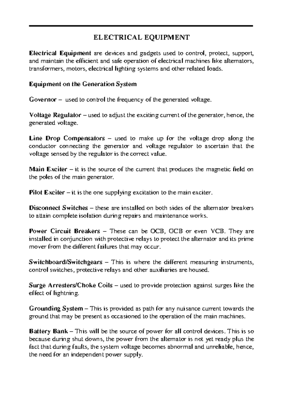 Electrical Equipment - Review - MRTC - 1 ELECTRICAL EQUIPMENT ...