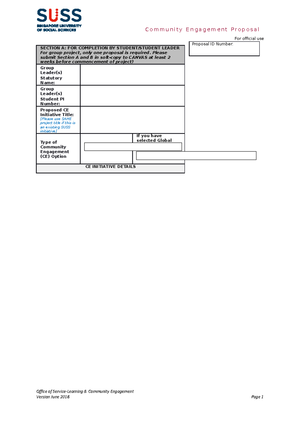 1 SUSS CE Proposal (Insert CE Title) (Insert Student Leader Name) 2018 ...