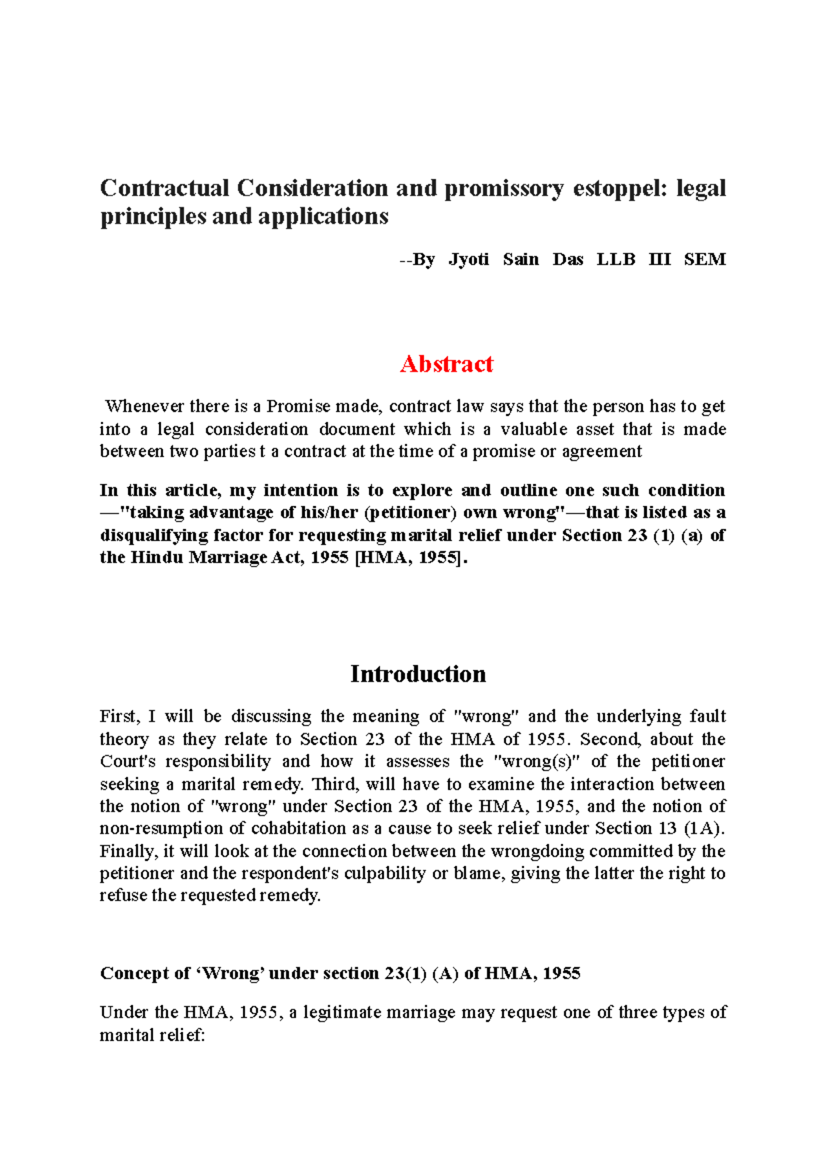 Research Curious case of Wrong Marriage Contractual Consideration and promissory estoppel