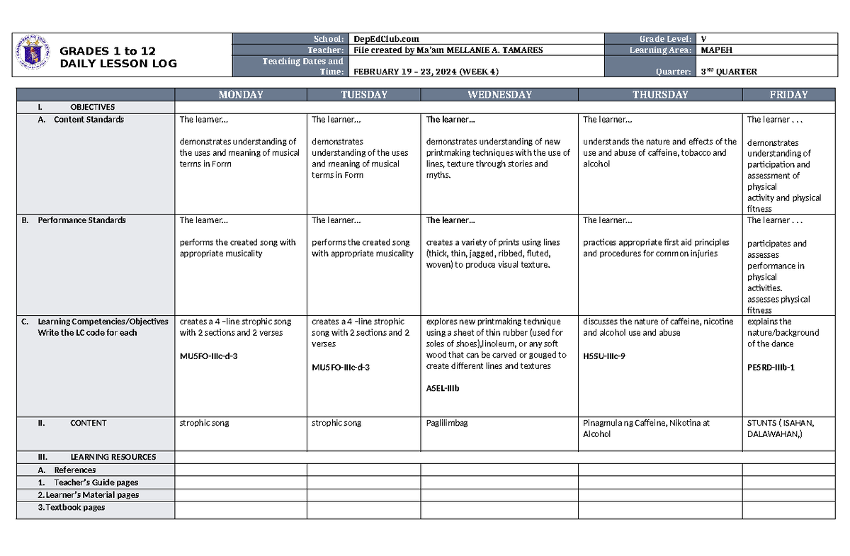 Dll Mapeh 5 Q3 W4 Nothing Grades 1 To 12 Daily Lesson Log School