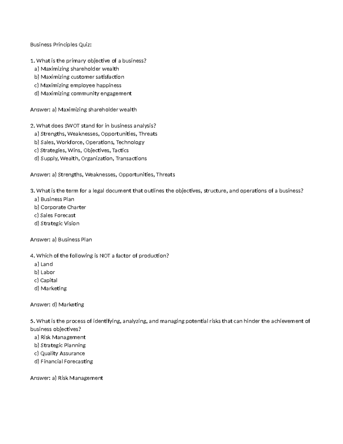 Business Principles Quiz - Business Principles Quiz: What is the ...